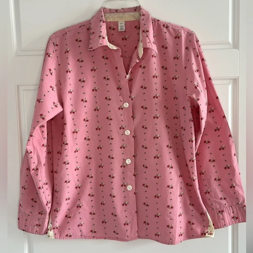 Gap Y2K Pink Floral Button Up Womens Pajama Top Size M Cottagecore Grannycore